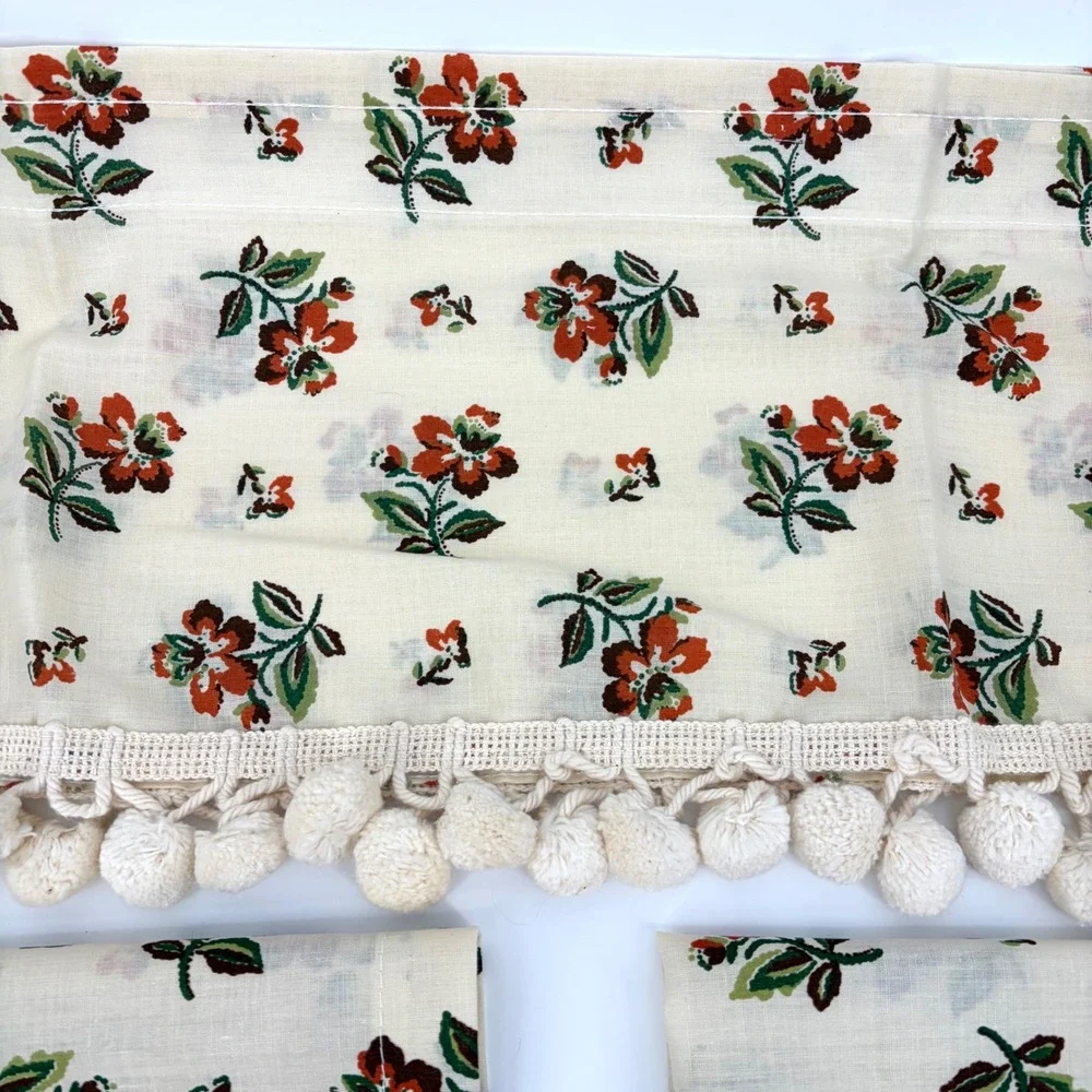 Springmaid Cafe Curtain Set Vintage NOS Floral Pom Pom Cottagecore Grandmacore